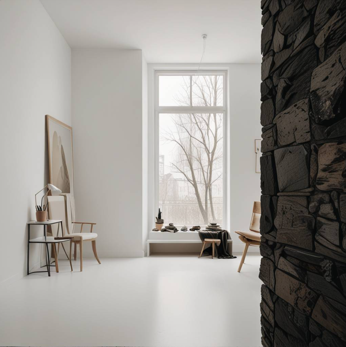 composizione minimal architettonicamente monotona con inserimenti in legno e materiali naturali di compensazione