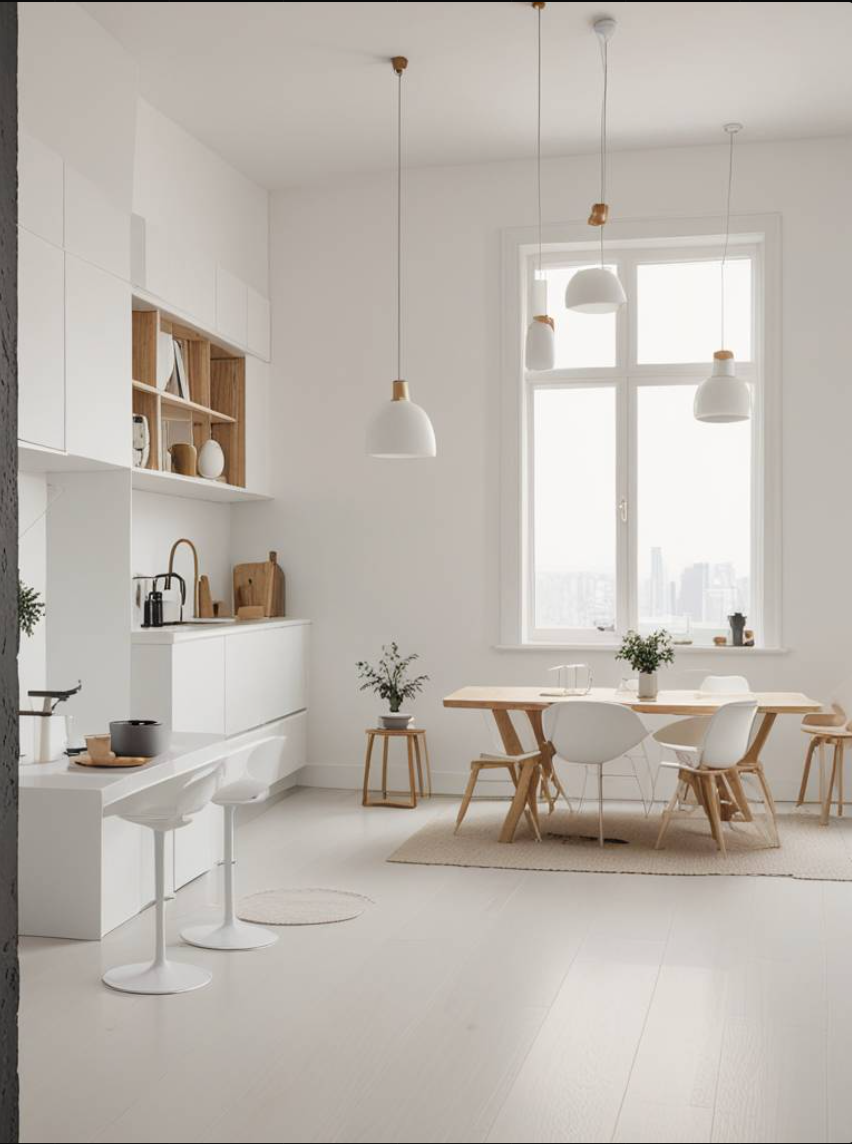 Composizione architettonica d'interni monotona con correttivi d'arredo medio e pavimentazione caldo delicato