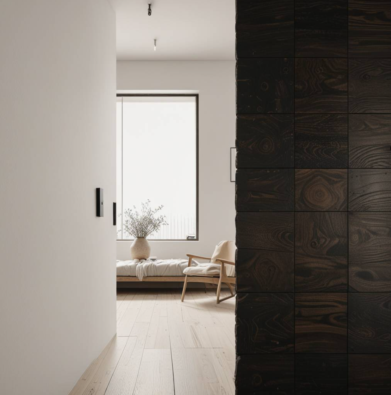 Composizione architettonica d'interni monotona con l'uso di pavimenti ed arredi correttivi caldi
